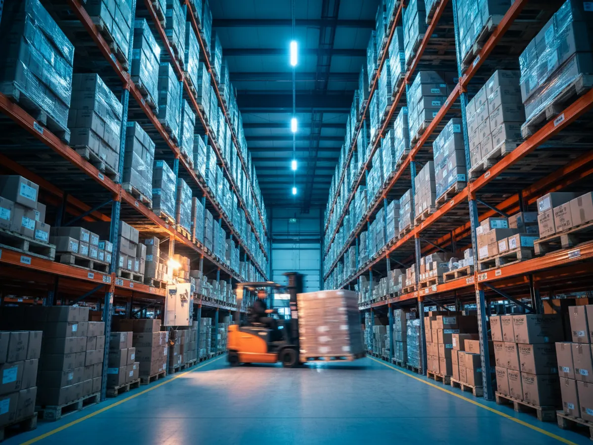 Almacén de distribución de alimentos con palés y carretilla elevadora